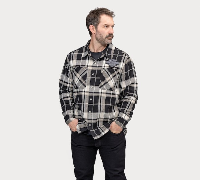 Men's Bar & Shield Removable Hood Plaid Shirt Jacket