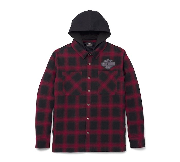 Men's Bar & Shield Removable Hood Plaid Shirt Jacket