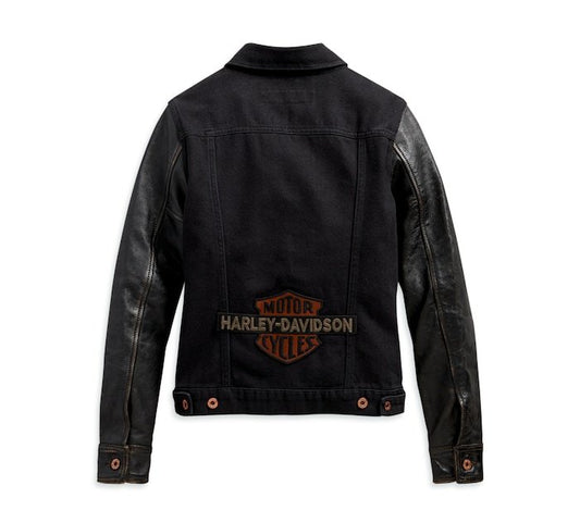 Women's Logo Leather Sleeve Denim Jacket