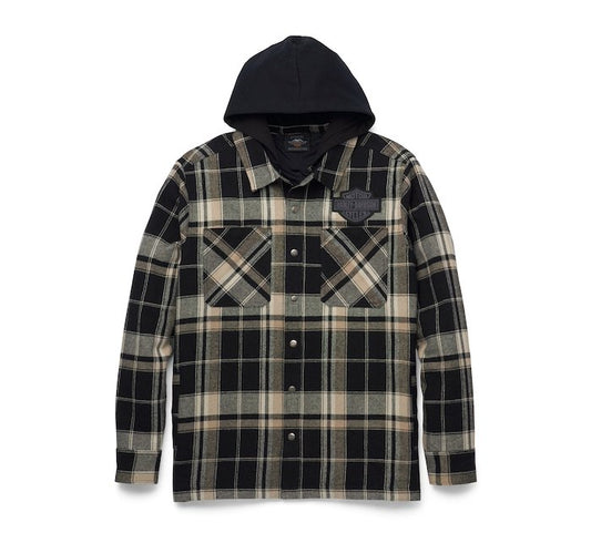 Men's Bar & Shield Removable Hood Plaid Shirt Jacket